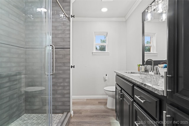 96164 S Strayhorn Heights Rd, Gore, OK 74435 - bathroom with vanity, a shower stall, crown molding, wood finished floors, and recessed lighting