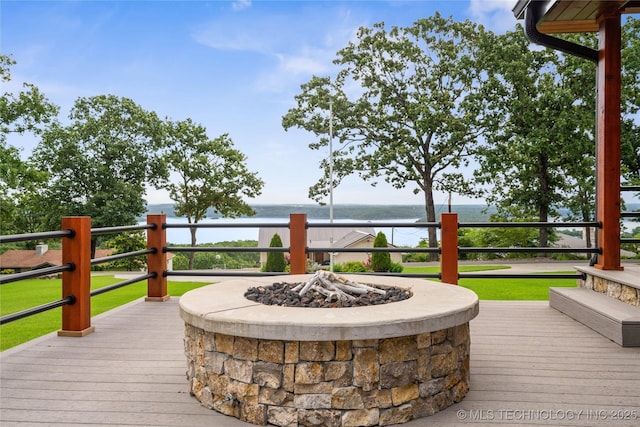 96164 S Strayhorn Heights Rd, Gore, OK 74435 - wooden deck featuring a water view, an outdoor fire pit, and a yard
