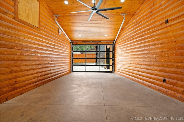 96164 S Strayhorn Heights Rd, Gore, OK 74435 - unfurnished room with wood ceiling, finished concrete floors, lofted ceiling, log walls, and ceiling fan
