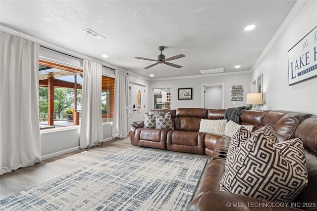 96164 S Strayhorn Heights Rd, Gore, OK 74435 - living area featuring ornamental molding, wood finished floors, recessed lighting, and ceiling fan