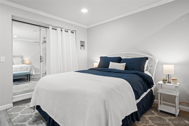 96164 S Strayhorn Heights Rd, Gore, OK 74435 - bedroom featuring crown molding, recessed lighting, and wood finished floors