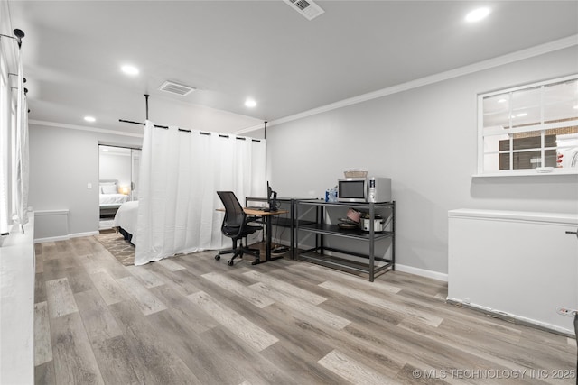 96164 S Strayhorn Heights Rd, Gore, OK 74435 - office area featuring crown molding, recessed lighting, wood finished floors, and a barn door