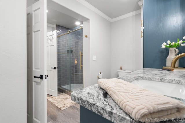 96164 S Strayhorn Heights Rd, Gore, OK 74435 - full bathroom featuring ornamental molding, wood finished floors, vanity, and a shower stall