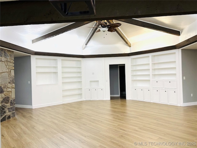 3622 S 82nd E Ave, Tulsa, OK 74145 - unfurnished living room featuring built in features, ceiling fan, beam ceiling, and light wood-style flooring