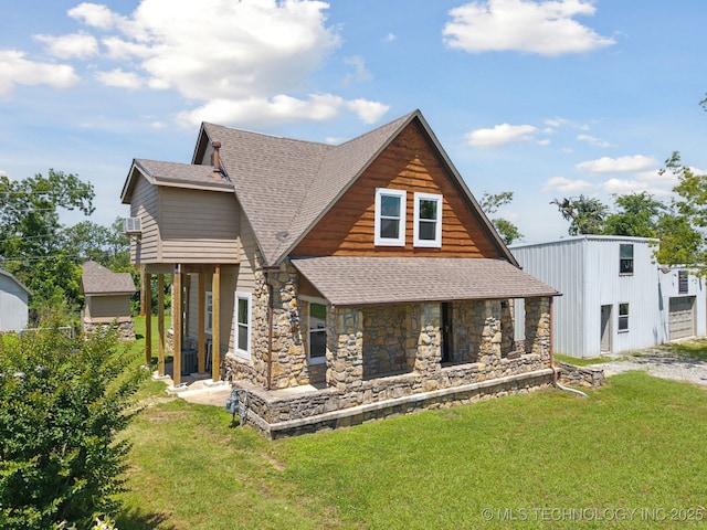 521 S Chickasaw Ave, Claremore, OK 74017 - view of front facade featuring roof with shingles, stone siding, and a front lawn