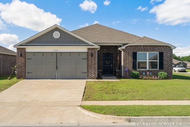 7506 E 159th St S, Bixby, OK 74008 - view of front of home featuring brick siding, an attached garage, driveway, a front yard, and a shingled roof