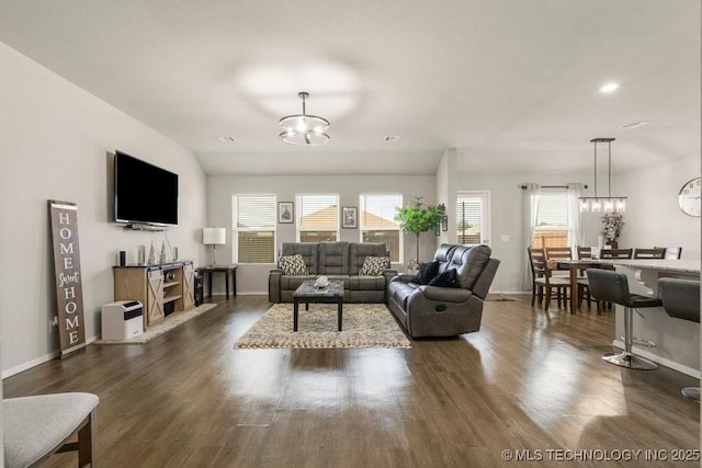 7506 E 159th St S, Bixby, OK 74008 - living area featuring a chandelier, dark wood finished floors, and recessed lighting
