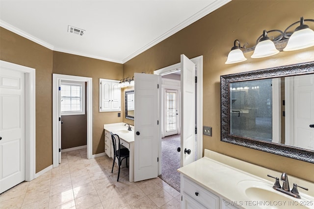 10295 E Rose Glen Dr, Claremore, OK 74019 - bathroom with crown molding, two vanities, and tile patterned flooring
