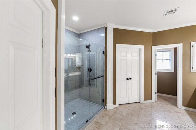 10295 E Rose Glen Dr, Claremore, OK 74019 - full bath with ornamental molding, a stall shower, and recessed lighting