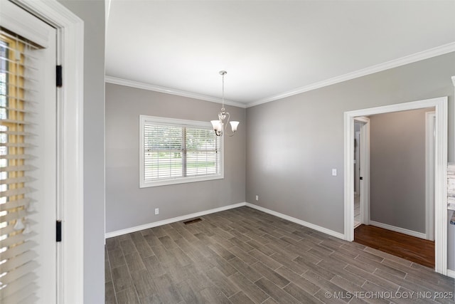 10295 E Rose Glen Dr, Claremore, OK 74019 - empty room featuring dark wood-type flooring, ornamental molding, and a chandelier