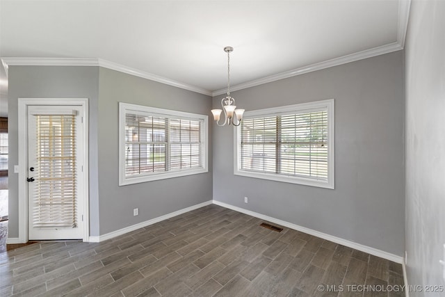 10295 E Rose Glen Dr, Claremore, OK 74019 - unfurnished room featuring a chandelier, dark wood finished floors, and ornamental molding