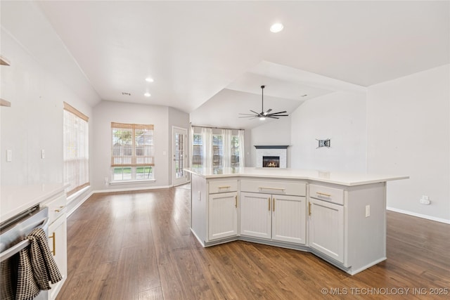 2105 W D Ct, Jenks, OK 74037 - kitchen featuring a lit fireplace, open floor plan, lofted ceiling, a ceiling fan, and a kitchen island