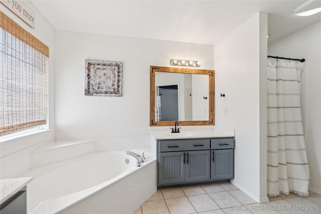 2105 W D Ct, Jenks, OK 74037 - full bathroom featuring vanity, tile patterned floors, a bath, and a shower with shower curtain