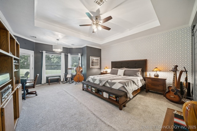 701 E 119th St, Jenks, OK 74037 - bedroom with a tray ceiling, carpet flooring, crown molding, wallpapered walls, and ceiling fan