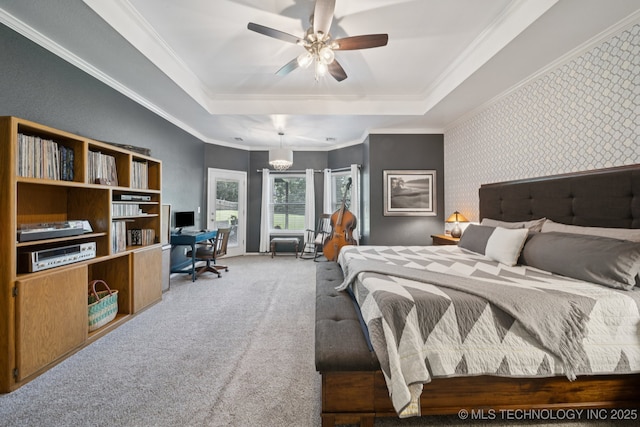 701 E 119th St, Jenks, OK 74037 - bedroom featuring a raised ceiling, carpet floors, an office area, and crown molding