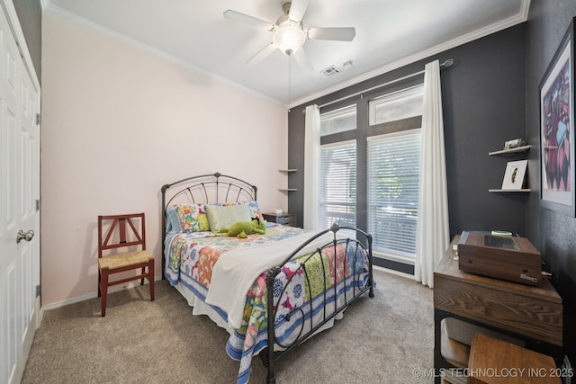 701 E 119th St, Jenks, OK 74037 - bedroom with carpet, crown molding, and ceiling fan