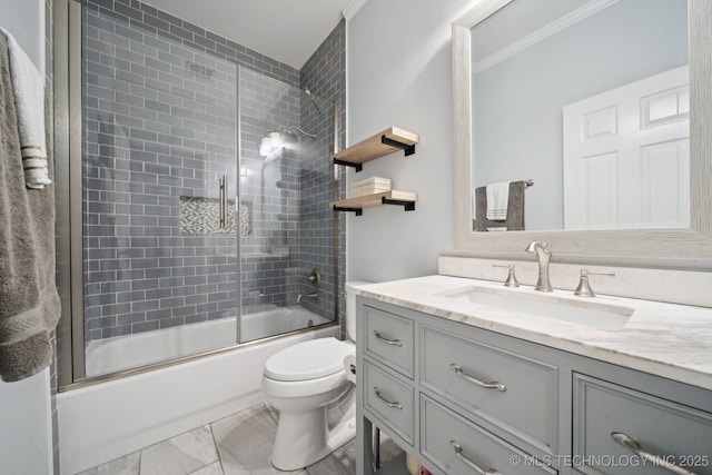 701 E 119th St, Jenks, OK 74037 - bathroom featuring vanity, bath / shower combo with glass door, crown molding, and marble finish flooring