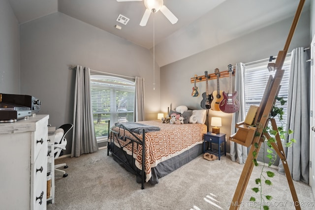 701 E 119th St, Jenks, OK 74037 - bedroom with light colored carpet, vaulted ceiling, and ceiling fan