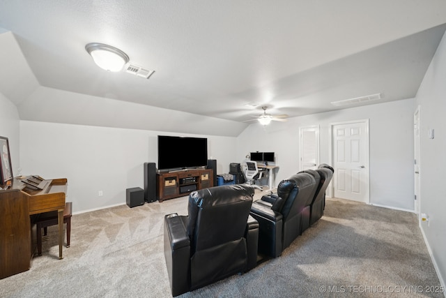 701 E 119th St, Jenks, OK 74037 - living room featuring light carpet, ceiling fan, a desk, and lofted ceiling