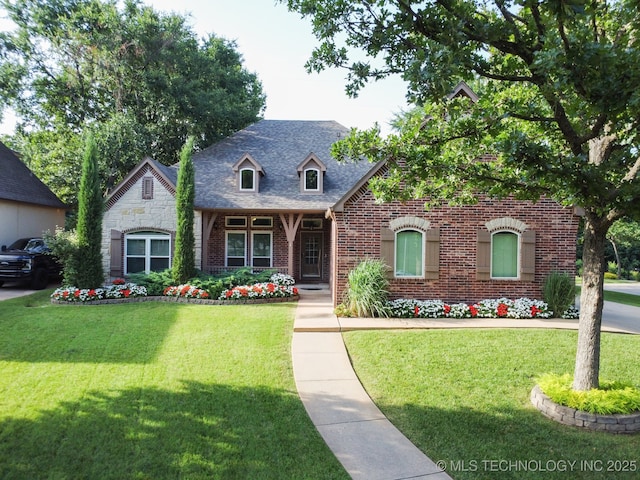 701 E 119th St, Jenks, OK 74037 - new england style home featuring brick siding, a front lawn, and stone siding