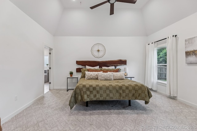 6684 E 128th St S, Bixby, OK 74008 - bedroom with high vaulted ceiling, light carpet, and a ceiling fan