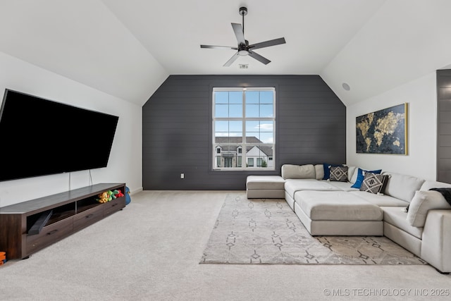 6684 E 128th St S, Bixby, OK 74008 - living room with ceiling fan, lofted ceiling, carpet floors, and wooden walls