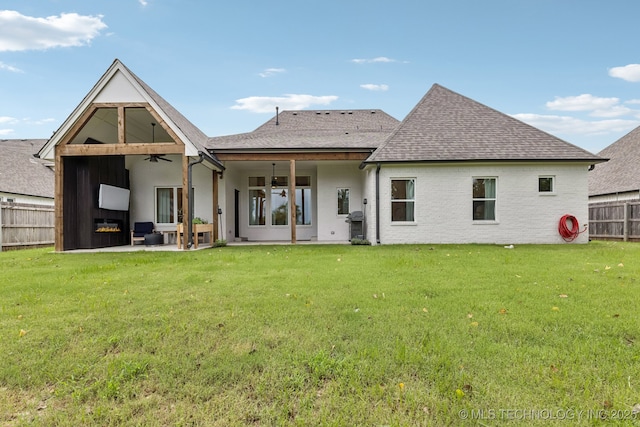 6684 E 128th St S, Bixby, OK 74008 - rear view of house with ceiling fan, a shingled roof, and a patio