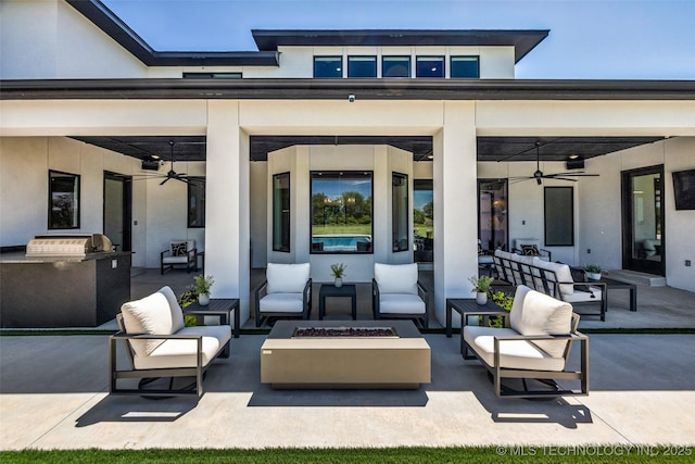 17076 S 31st E Ave, Mounds, OK 74047 - view of patio featuring an outdoor living space with a fire pit, a ceiling fan, and area for grilling