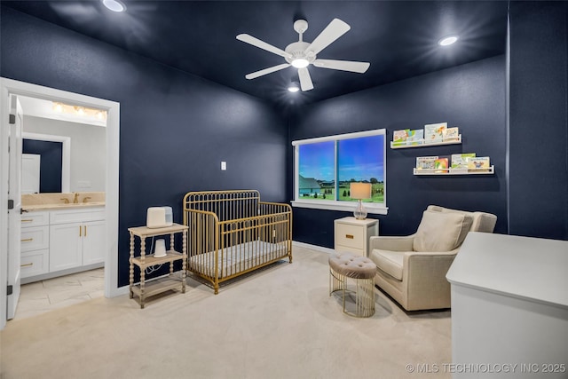 17076 S 31st E Ave, Mounds, OK 74047 - bedroom featuring recessed lighting, a nursery area, ensuite bathroom, and a ceiling fan