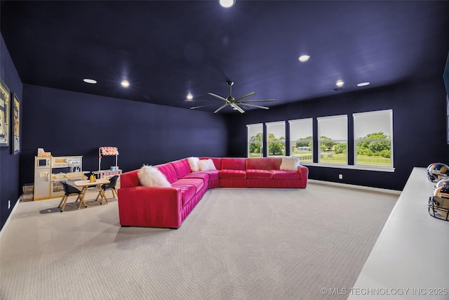 17076 S 31st E Ave, Mounds, OK 74047 - carpeted living room featuring recessed lighting and a ceiling fan