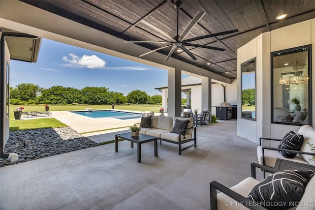 17076 S 31st E Ave, Mounds, OK 74047 - view of patio / terrace with a ceiling fan, an outdoor pool, and an outdoor living space