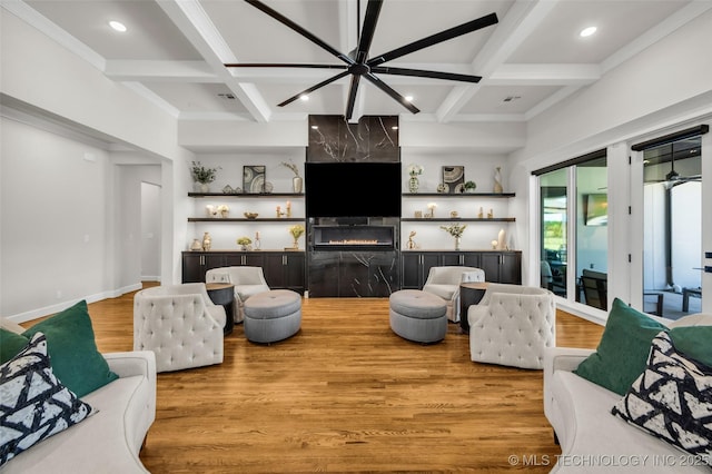 17076 S 31st E Ave, Mounds, OK 74047 - living room with coffered ceiling, a fireplace, light wood-type flooring, beam ceiling, and recessed lighting