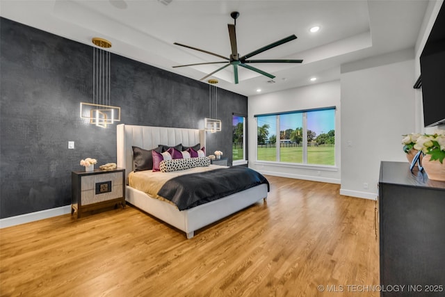 17076 S 31st E Ave, Mounds, OK 74047 - bedroom with wood finished floors, recessed lighting, a chandelier, and ceiling fan
