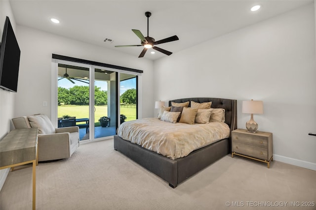 17076 S 31st E Ave, Mounds, OK 74047 - bedroom featuring carpet floors, access to exterior, recessed lighting, and a ceiling fan
