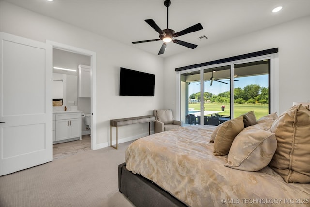 17076 S 31st E Ave, Mounds, OK 74047 - bedroom with access to exterior, recessed lighting, connected bathroom, light carpet, and ceiling fan