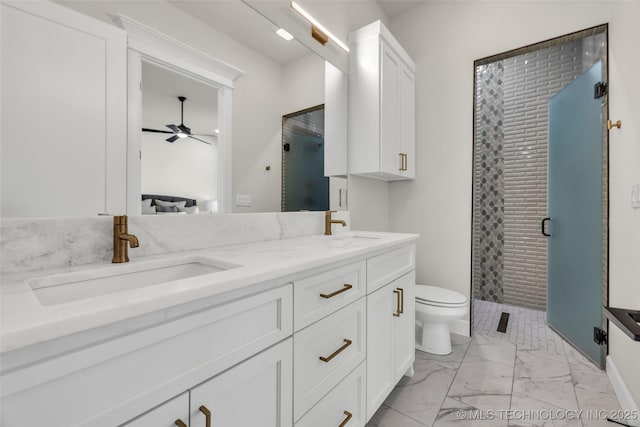 17076 S 31st E Ave, Mounds, OK 74047 - bathroom with double vanity, a shower stall, ceiling fan, and marble finish flooring