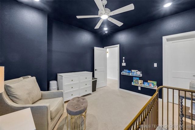 17076 S 31st E Ave, Mounds, OK 74047 - living area with a ceiling fan, carpet flooring, an upstairs landing, recessed lighting, and vaulted ceiling