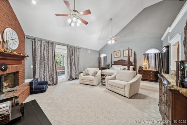 1115 Renaissance Dr, Sand Springs, OK 74063 - bedroom featuring a fireplace, high vaulted ceiling, carpet flooring, and a ceiling fan