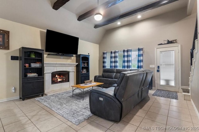 2610 E 139th St S, Jenks, OK 74008 - living room featuring light tile patterned floors, beamed ceiling, a fireplace with flush hearth, high vaulted ceiling, and recessed lighting