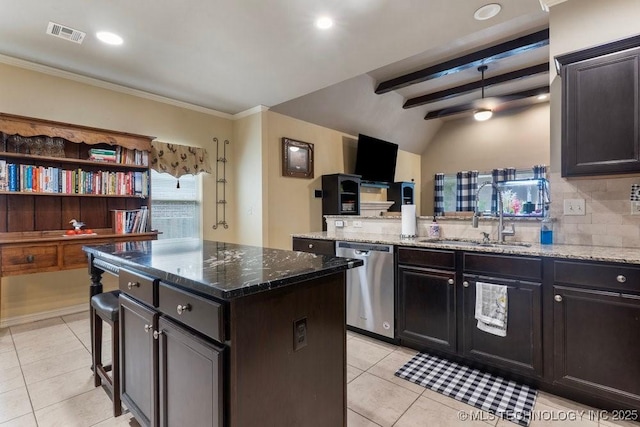 2610 E 139th St S, Jenks, OK 74008 - kitchen featuring stainless steel dishwasher, light tile patterned floors, a kitchen island, crown molding, and stone counters