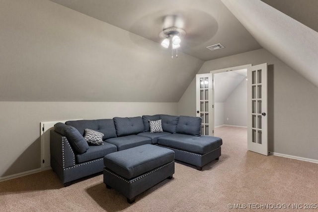 2610 E 139th St S, Jenks, OK 74008 - carpeted living room with vaulted ceiling, a ceiling fan, and french doors