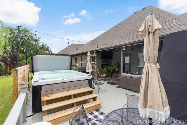 2610 E 139th St S, Jenks, OK 74008 - wooden terrace with a hot tub, outdoor dining space, and ceiling fan