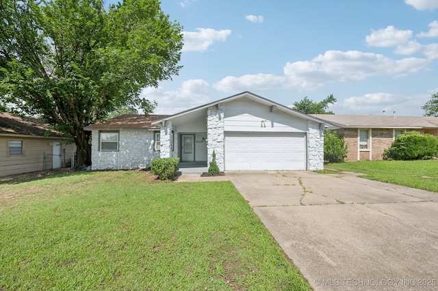 208 183rd E Ave, Tulsa, OK 74108 - mid-century inspired home with a garage, a front yard, concrete driveway, and stone siding