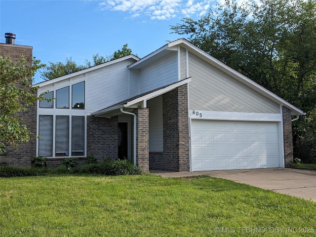605 W 18th St S, Claremore, OK 74019 - mid-century home with driveway, brick siding, a front lawn, and a garage