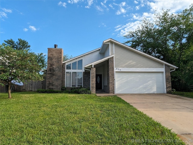 605 W 18th St S, Claremore, OK 74019 - mid-century inspired home with brick siding, an attached garage, driveway, and a chimney