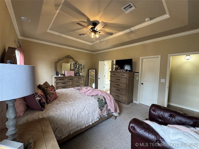 21902 W 13th St S, Sand Springs, OK 74063 - bedroom with a tray ceiling, carpet, ornamental molding, and ceiling fan
