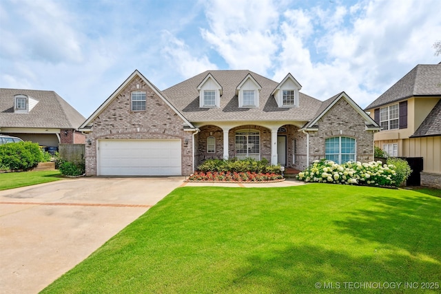 408 E 124th St S, Jenks, OK 74037 - view of front of house with brick siding, driveway, a front yard, and a shingled roof