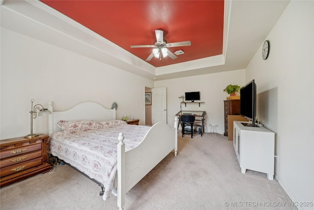 7440 E Indianola St, Broken Arrow, OK 74014 - bedroom with light carpet, a raised ceiling, and ceiling fan