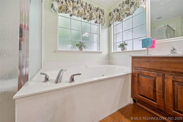 7440 E Indianola St, Broken Arrow, OK 74014 - full bath featuring a stall shower, vanity, a tub with jets, and ornamental molding