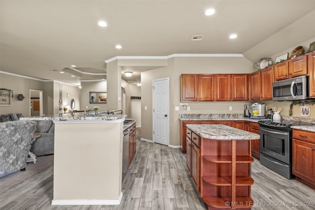14908 E 88th St, Owasso, OK 74055 - kitchen featuring appliances with stainless steel finishes, a kitchen island, open shelves, open floor plan, and ornamental molding